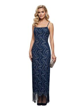 Whimsygoth A-line Maxi Slip Dress M VTG Fringe Blue Sparkly Gothic Stretch Moody